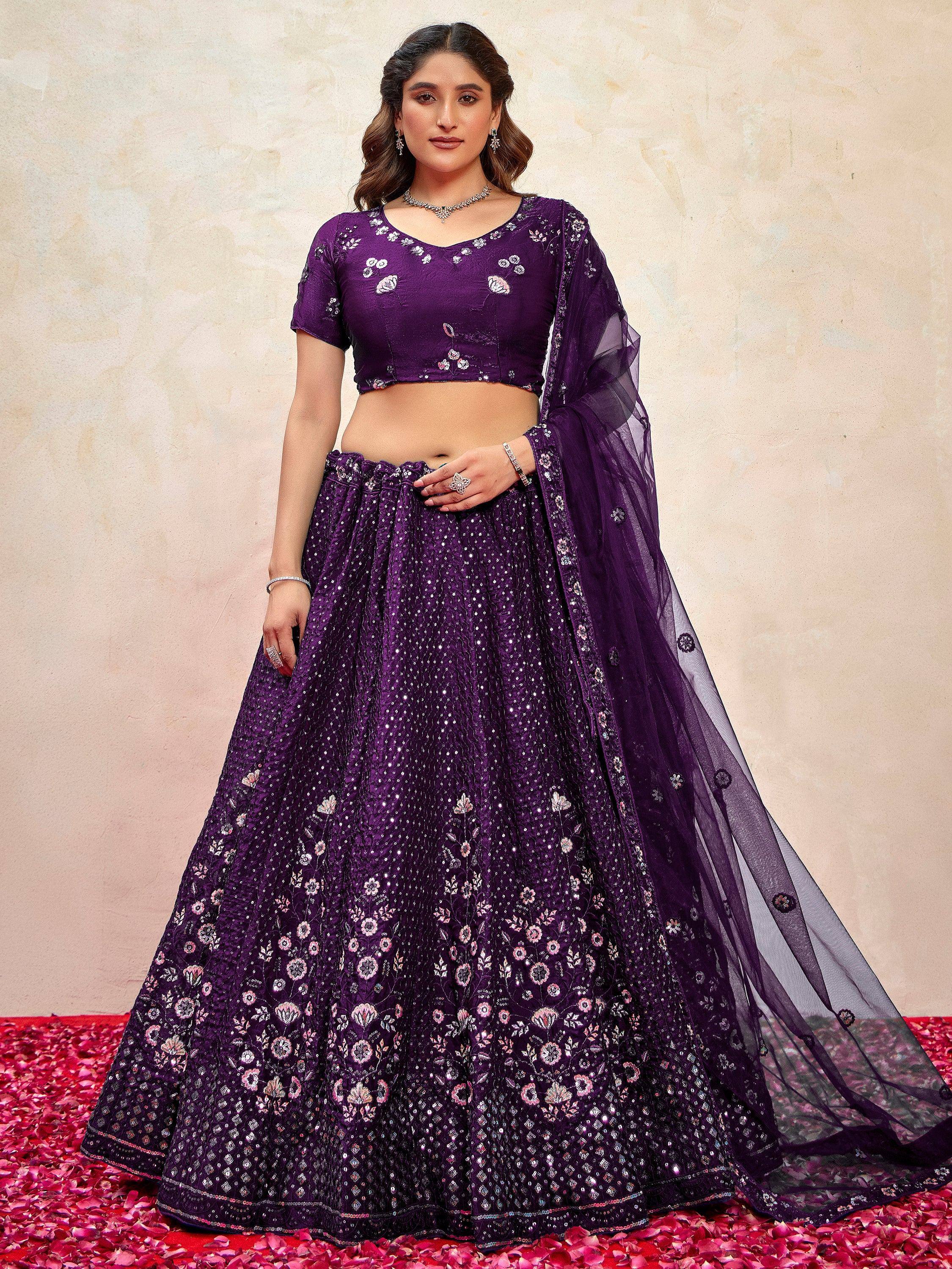 Purple embroidered lehenga choli with floral motifs and sheer dupatta, ideal for Indian ethnic wear occasions