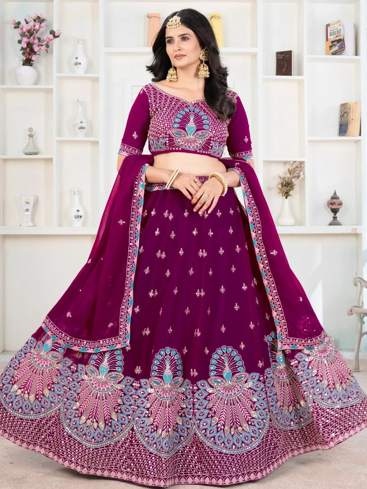 Purple designer lehenga choli with peacock embroidery, perfect for Indian weddings and festive occasions