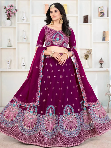 Precious Purple Thread Work Georgette Lehenga Choli With Dupatta - Ethnic Plus In