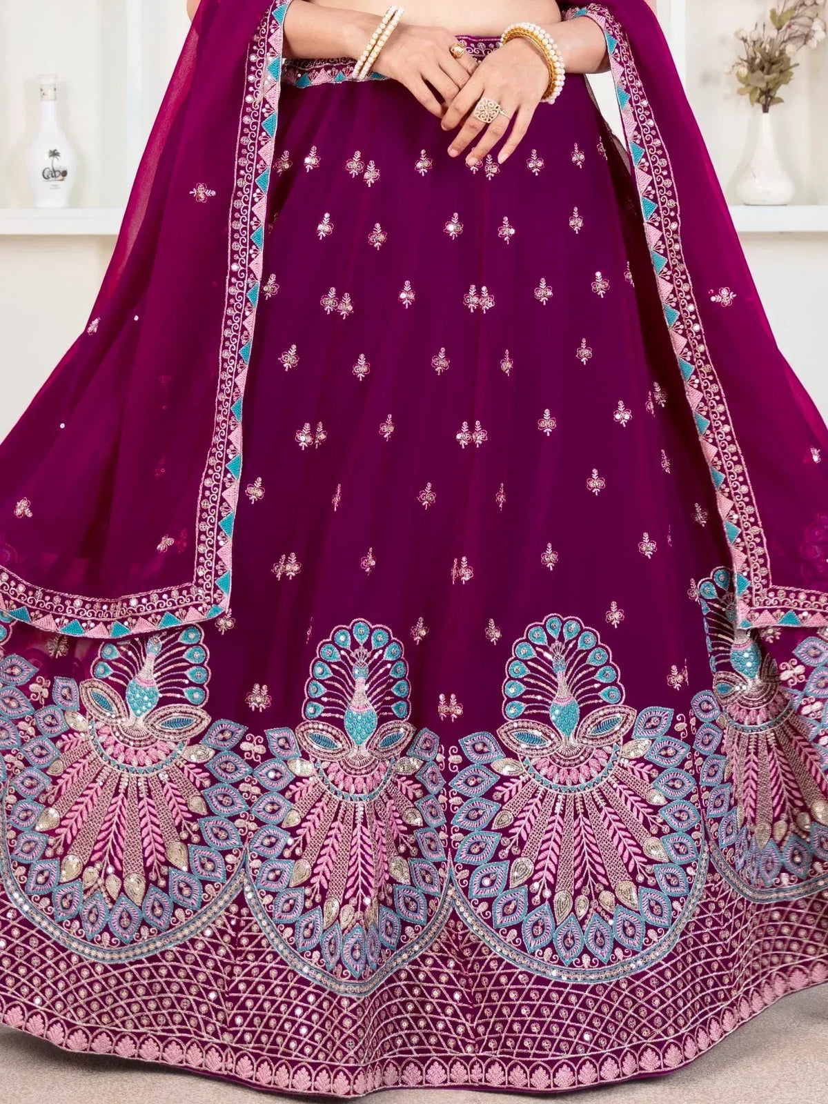 Purple lehenga choli with peacock embroidery, perfect for Indian weddings and festive occasions