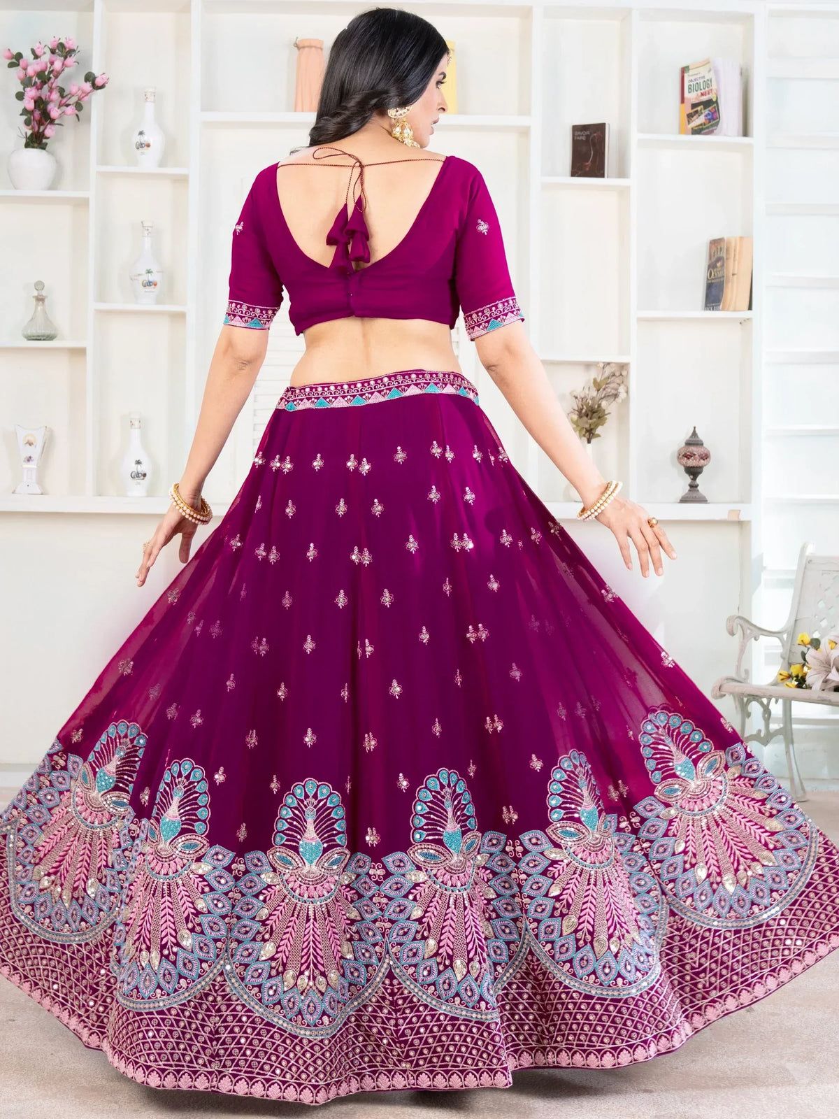 Purple lehenga choli with peacock embroidery, back view, ethnic Indian wear