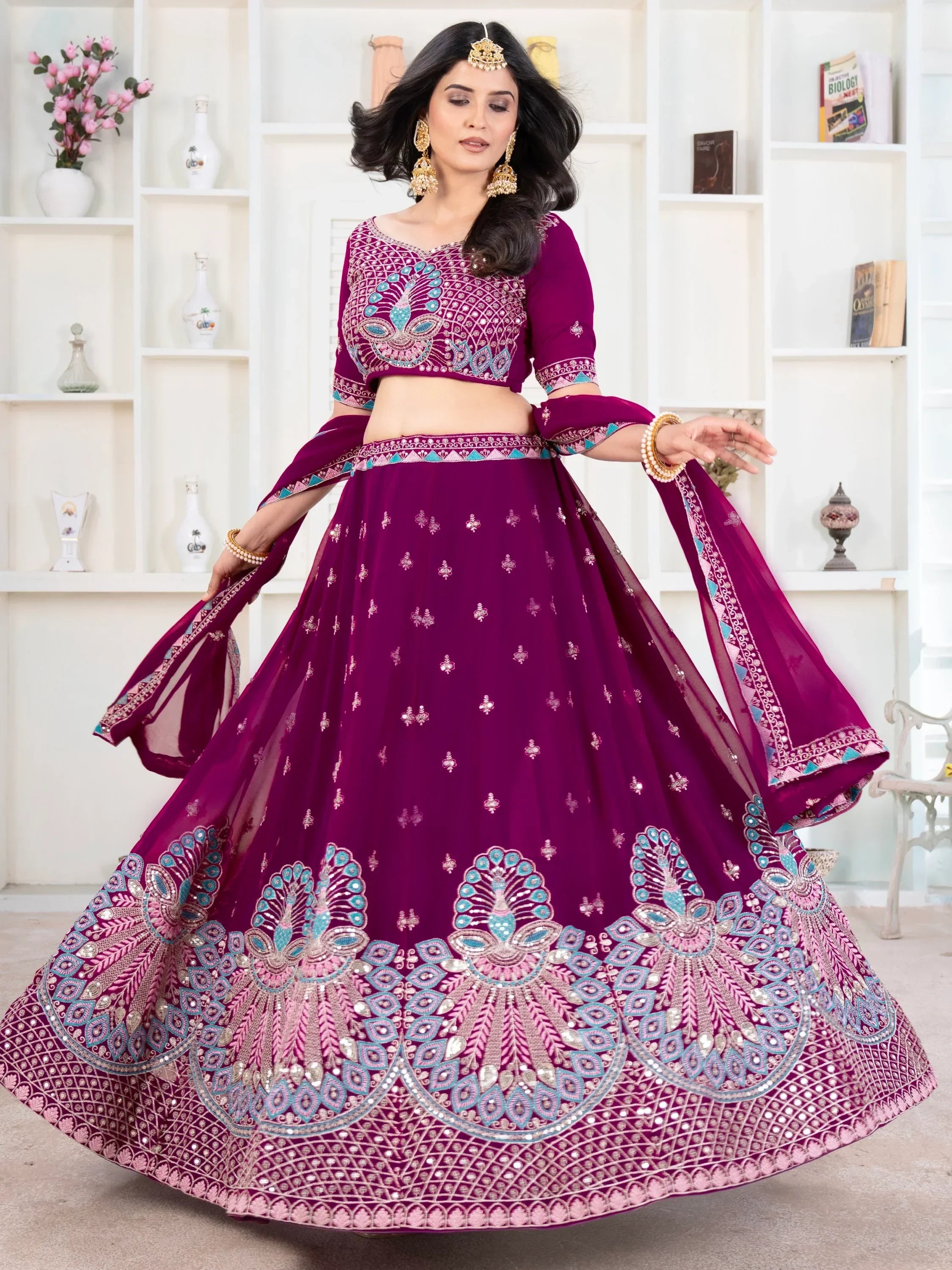 Purple designer lehenga choli with peacock embroidery, perfect for Indian ethnic wear and festive occasions