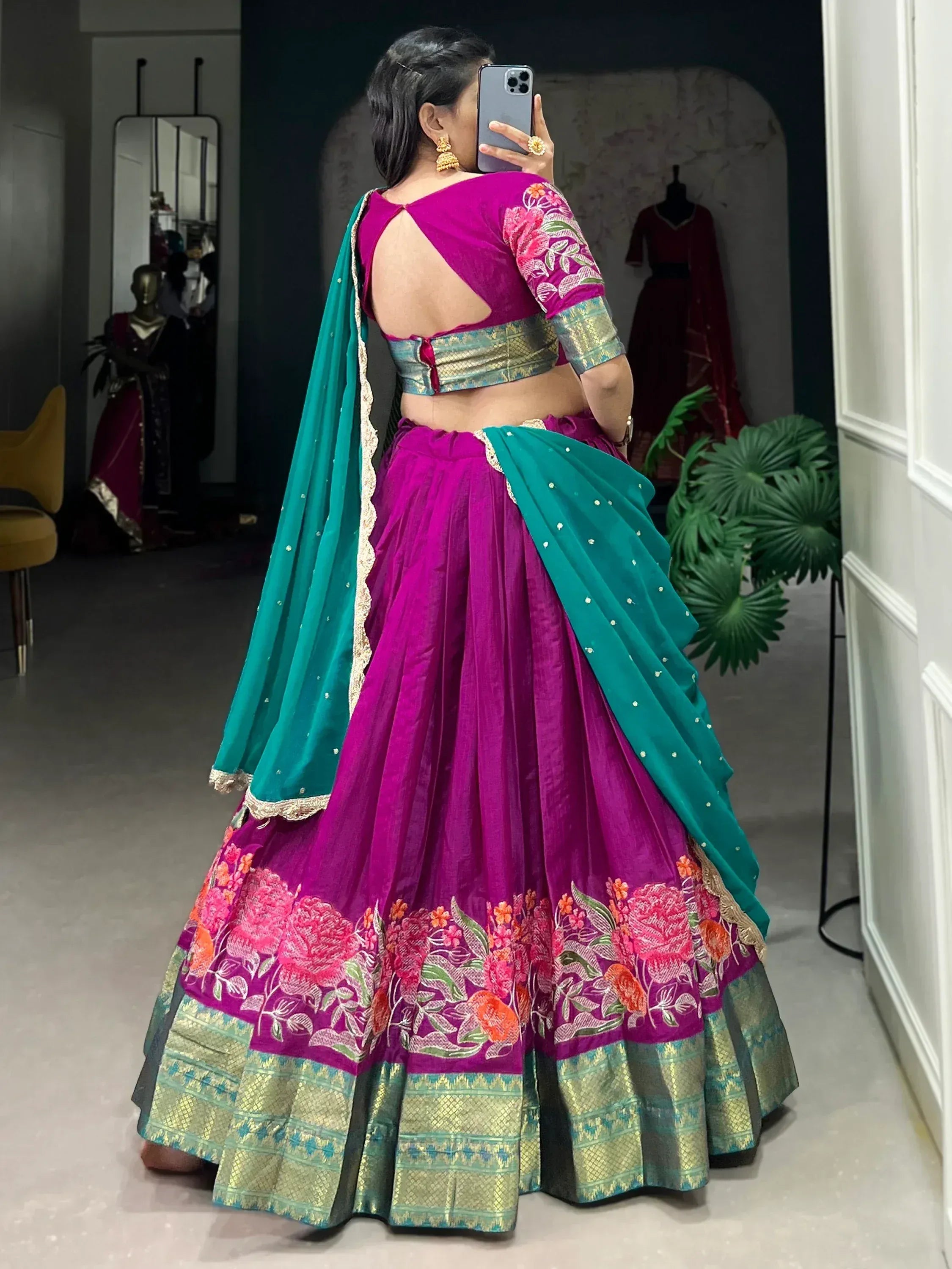 Purple floral lehenga choli with green dupatta, back view, ethnic Indian wear