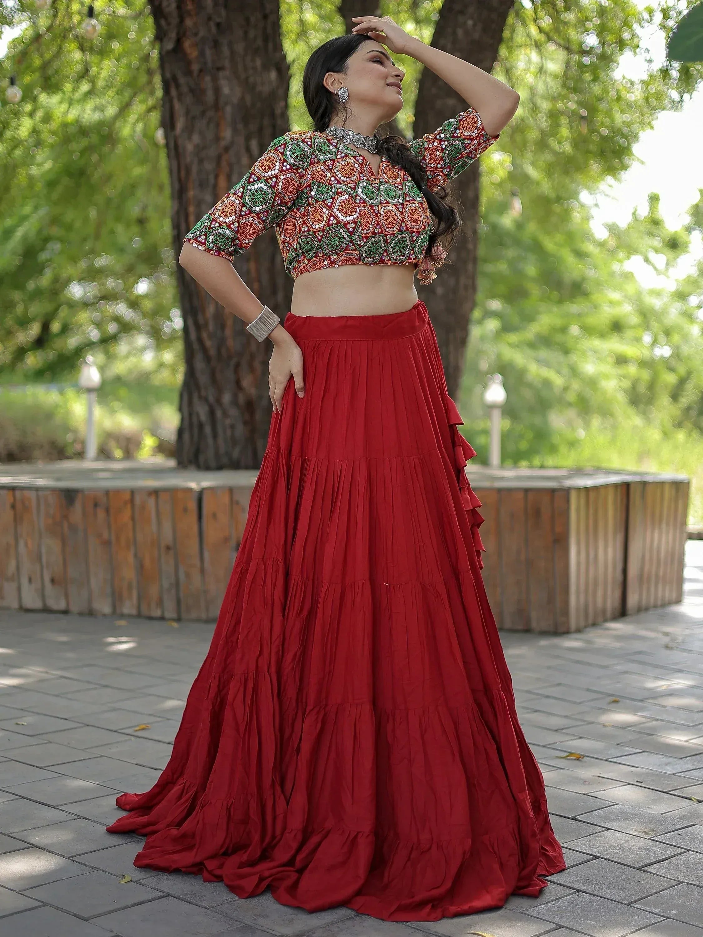 Red tiered lehenga with embroidered crop top, Indian ethnic wear for women