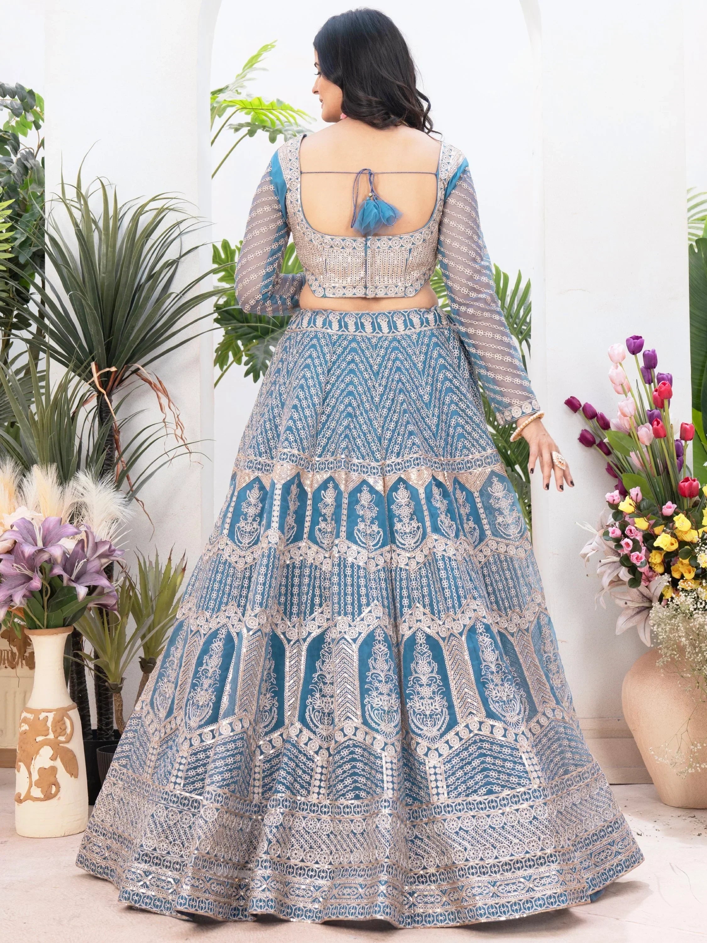 Teal lehenga choli with pink floral dupatta, Indian ethnic wear for women