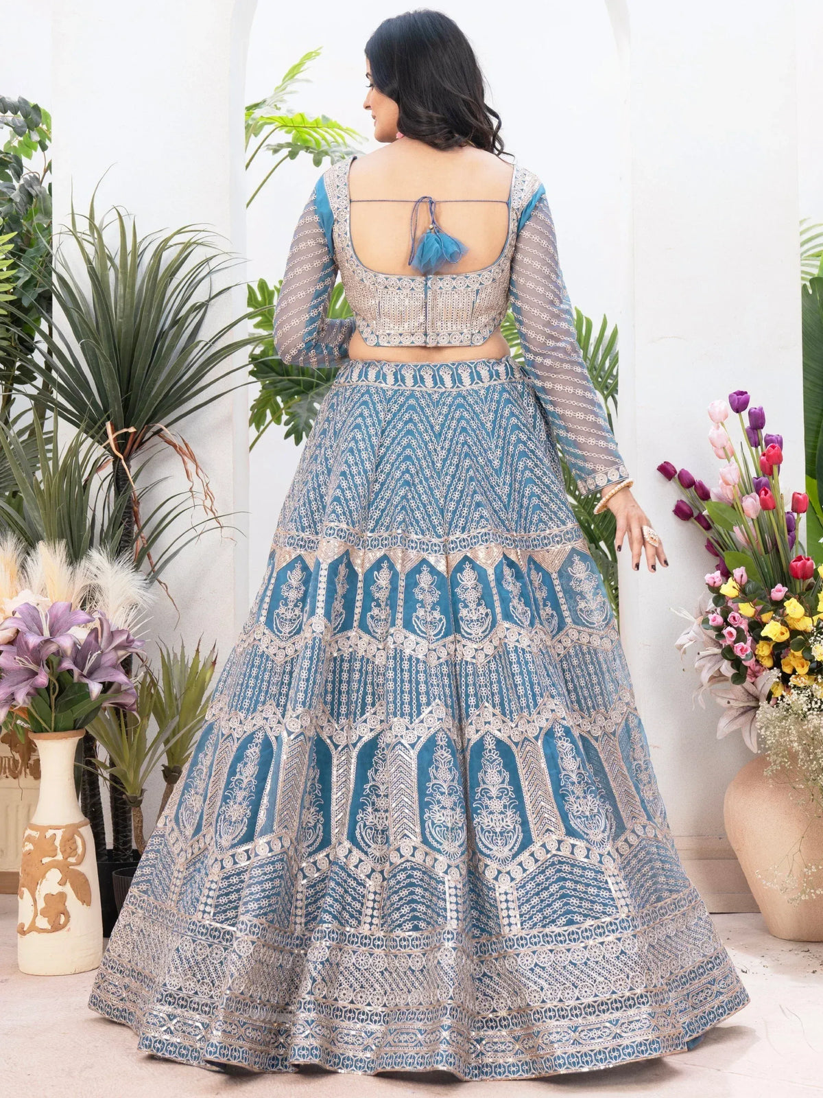 Teal lehenga choli with pink floral dupatta, Indian ethnic wear for women