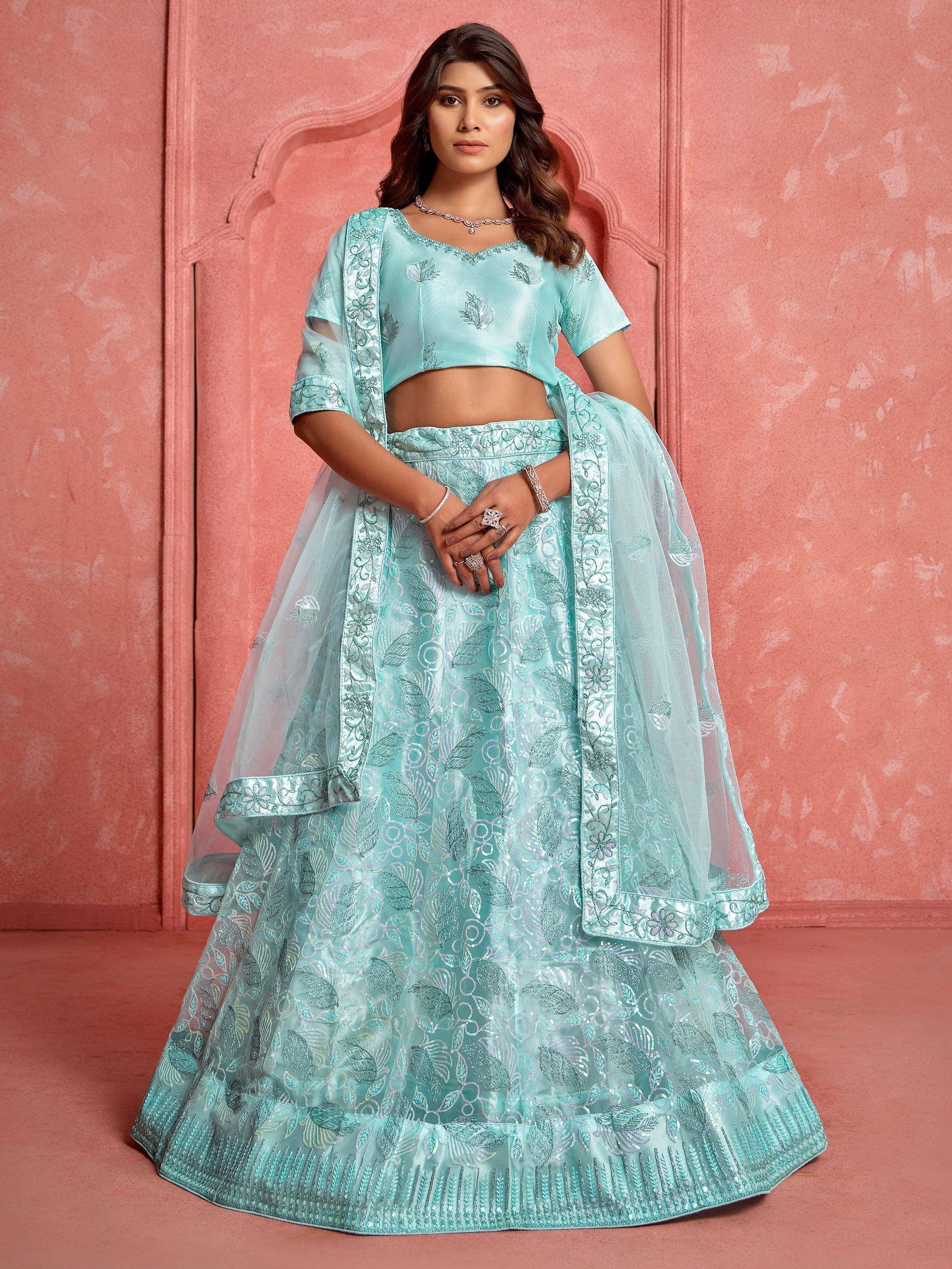 Mint green embroidered lehenga choli with sheer dupatta, Indian ethnic wear for weddings and parties