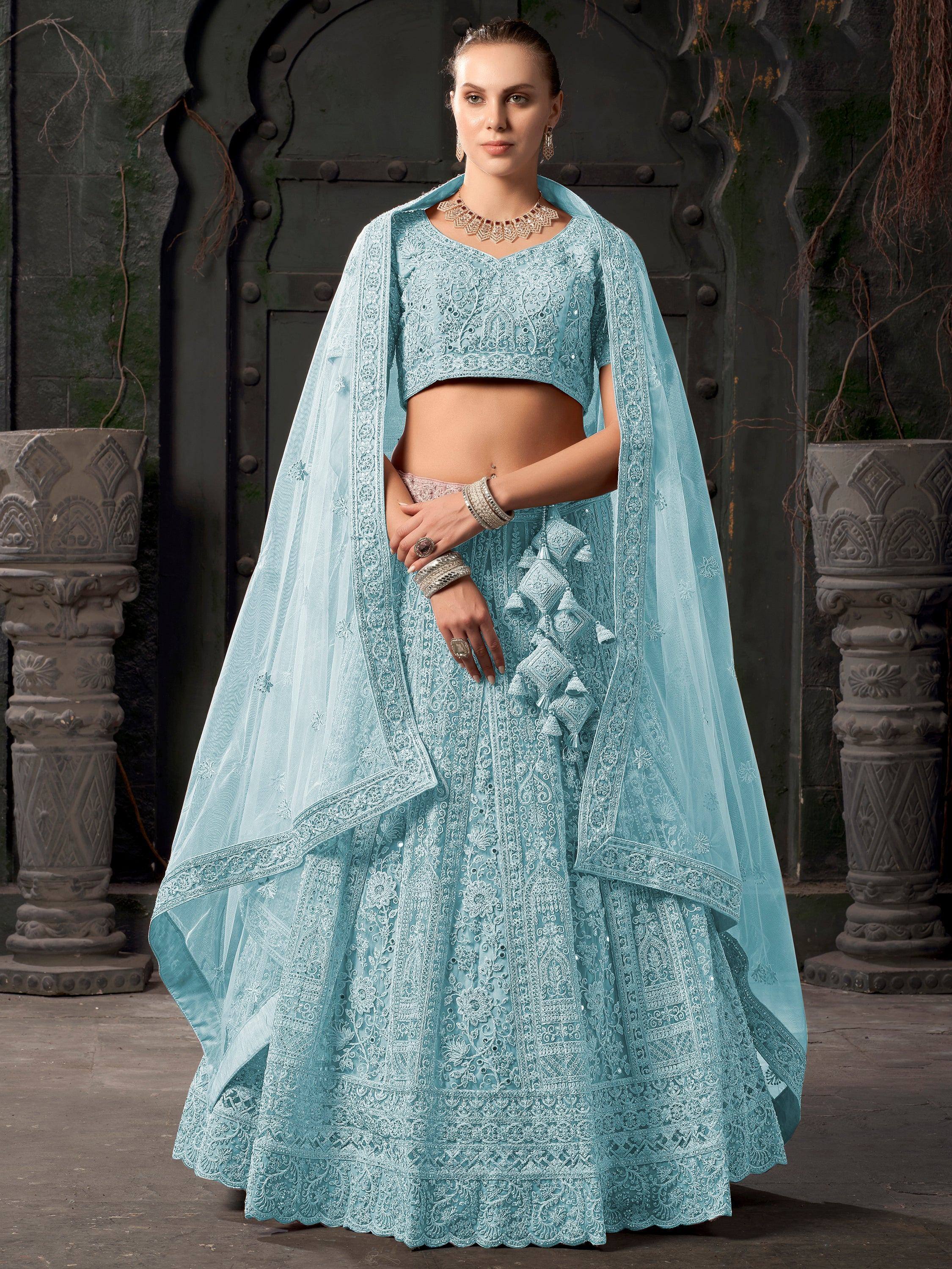 Light blue embroidered lehenga choli with dupatta, Indian ethnic wear for weddings and parties