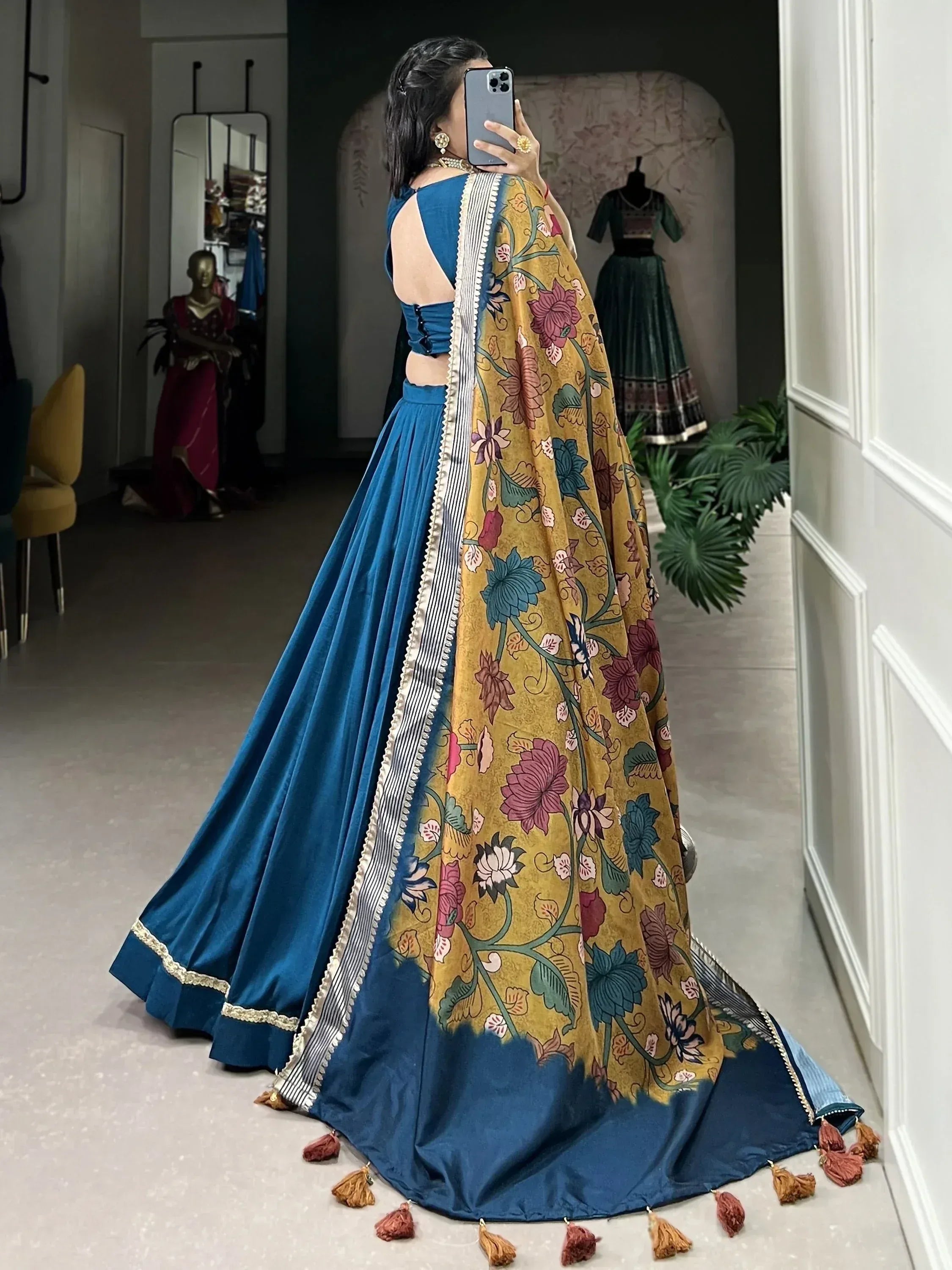 Blue velvet lehenga choli with floral printed dupatta, ethnic Indian wear for women
