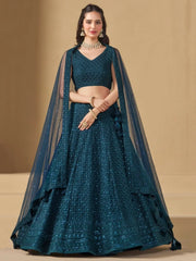 Precious Teal Blue Thread Work Georgette Engagement Wear Lehenga Choli - Ethnic Plus In