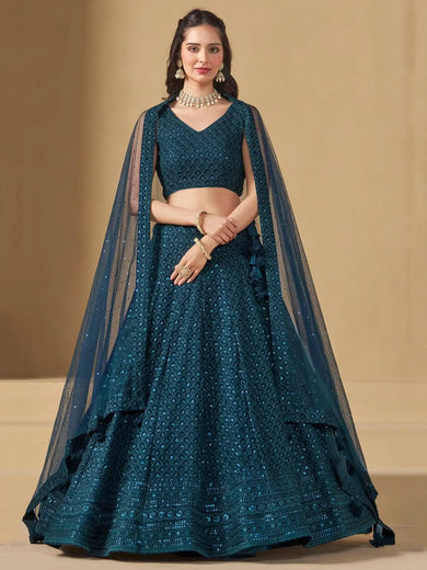 Precious Teal Blue Thread Work Georgette Engagement Wear Lehenga Choli - Ethnic Plus In