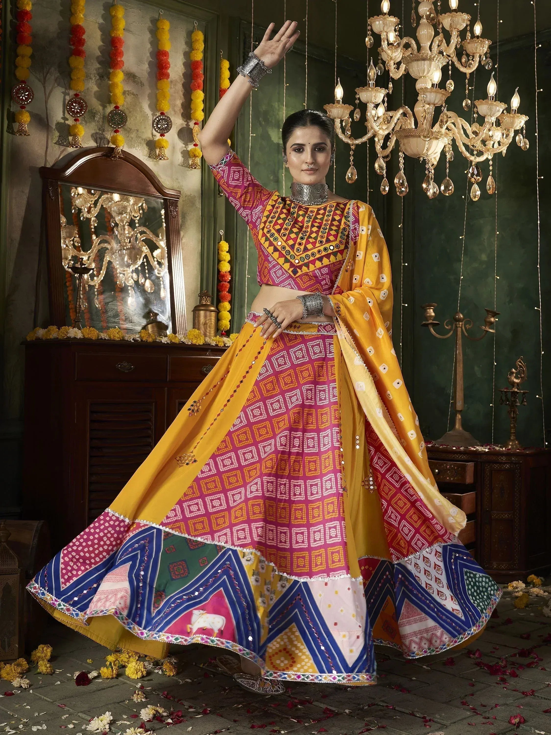Vibrant Indian lehenga choli with geometric prints, mirror work, and colorful dupatta, perfect for festive occasions.