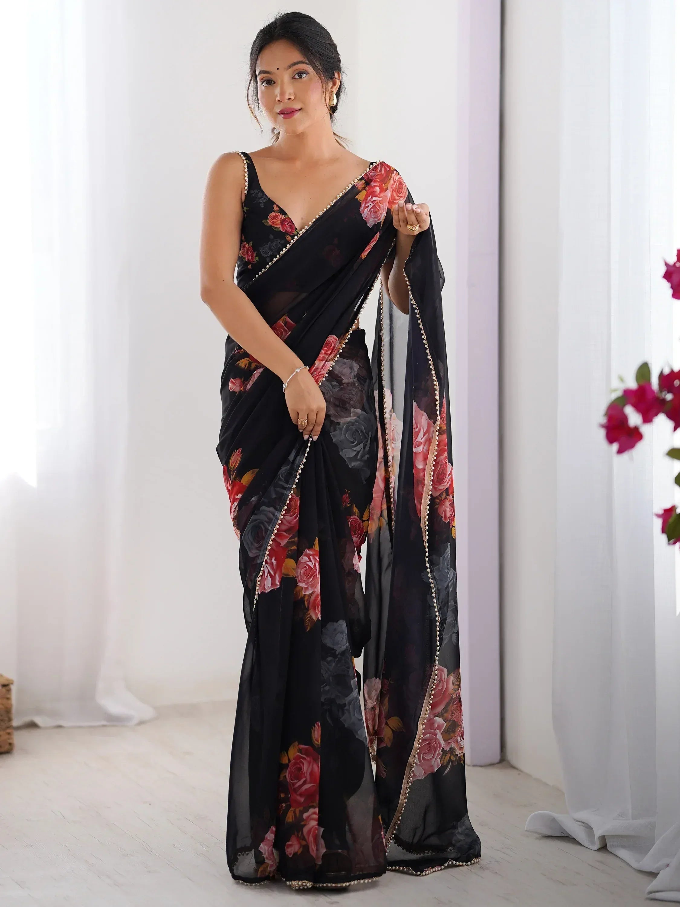 Black floral saree with pearl border, Indian ethnic wear for women, stylish designer saree