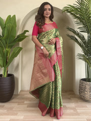 Precious Green Zari Weaving Tissue Silk Wedding Saree With Blouse