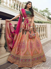 Pretty Coral Pink Embroidered Silk Wedding Lehenga Choli With Dupatta - Ethnic Plus In