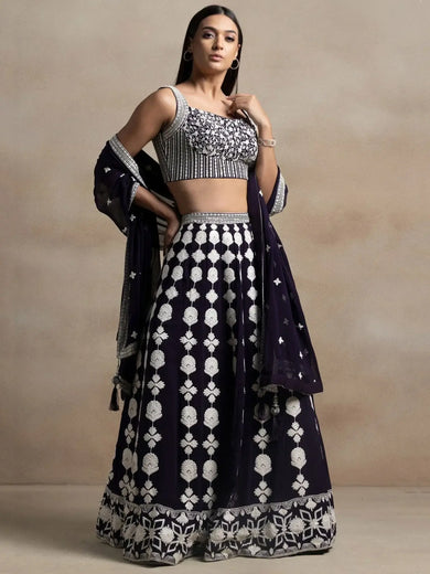 Pretty Dark Purple Thread Work Georgette Reception Wear Lehenga Choli - Ethnic Plus In