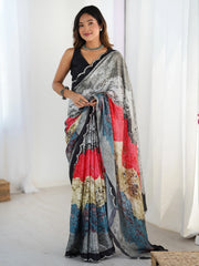 Pretty Grey Chinon Festival Wear Saree With Blouse - Ethnic Plus In