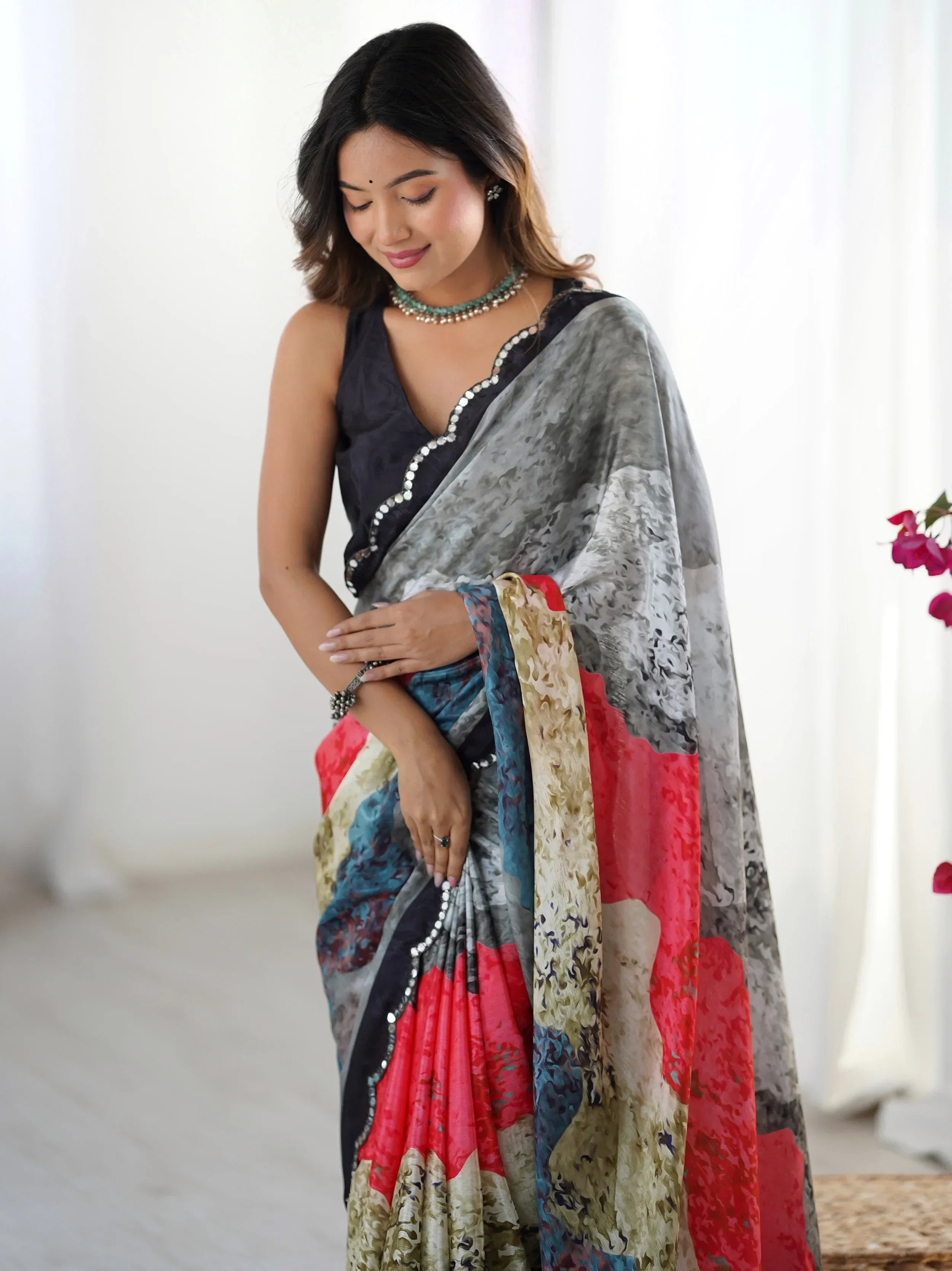 Pretty Grey Chinon Festival Wear Saree With Blouse - Ethnic Plus In
