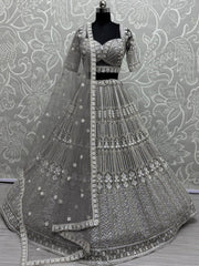 Pretty Grey Sequins Wok Net Wedding Wear Lehenga Choli With Dupatta - Ethnic Plus In