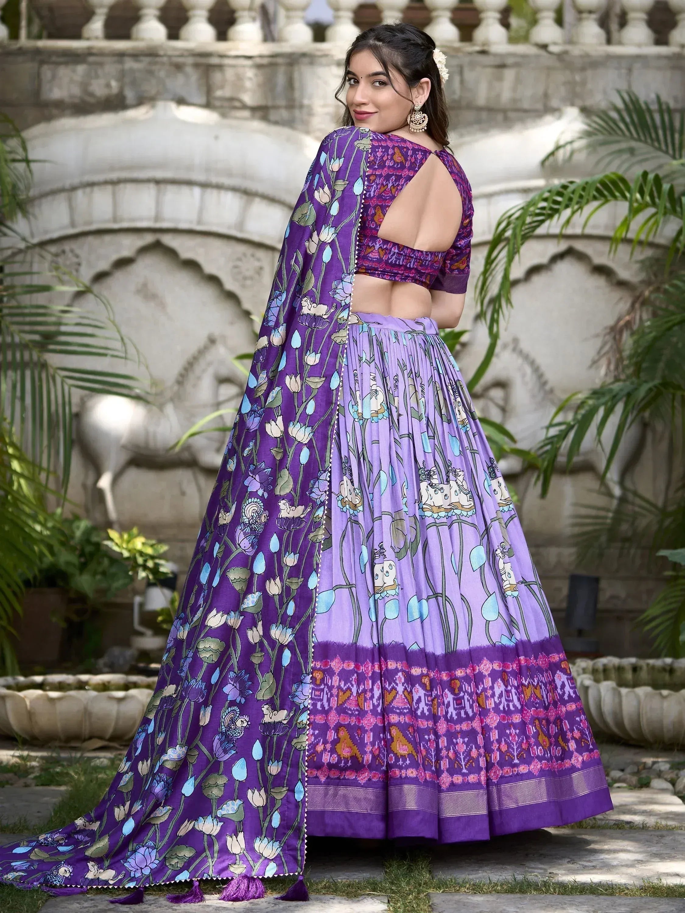 Purple floral print lehenga choli with backless blouse, perfect for Indian ethnic wear occasions