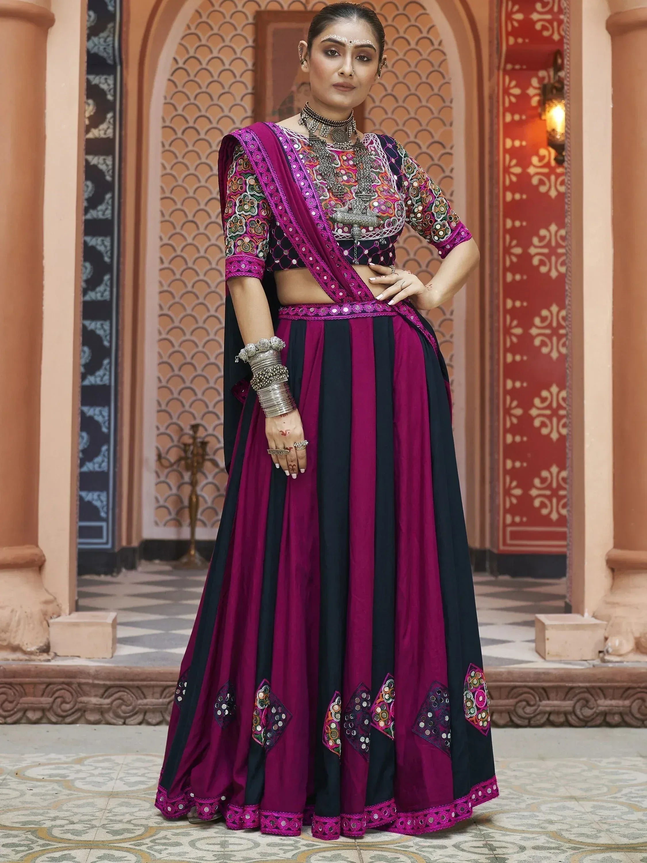Purple and black embroidered lehenga choli with mirror work, traditional Indian ethnic wear