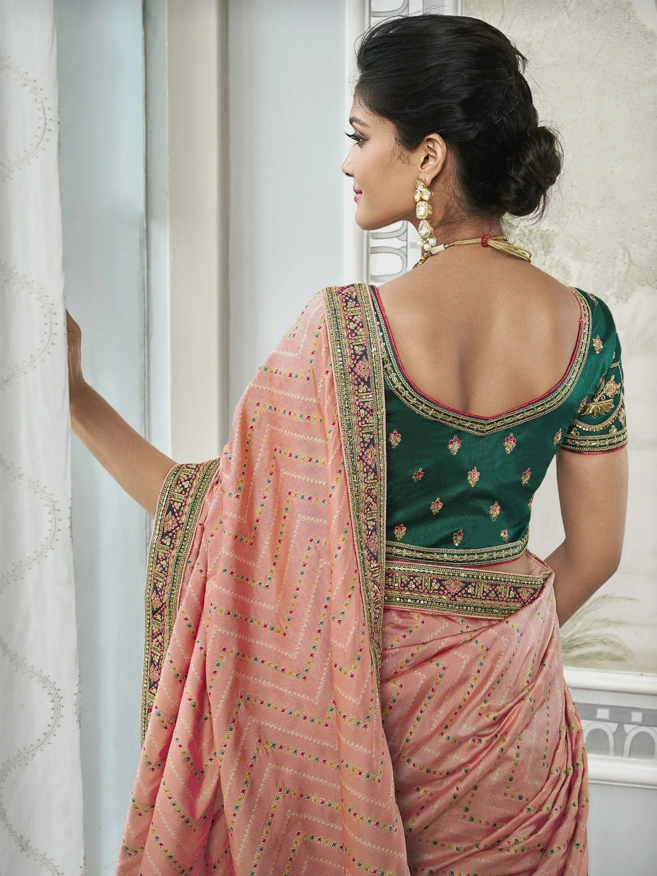 Pink embroidered saree with green velvet blouse, ethnic Indian wear for women