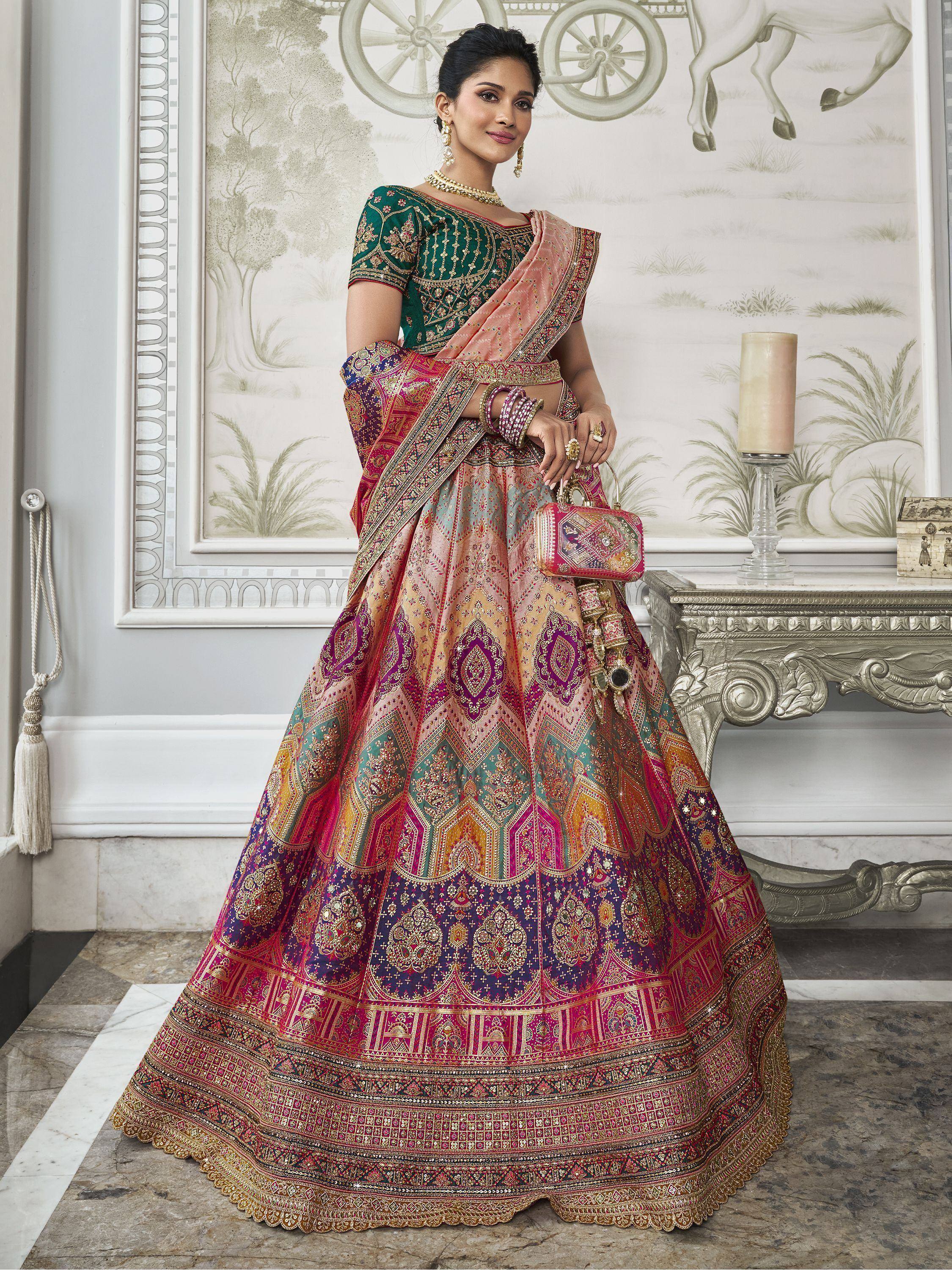 Elegant Indian lehenga choli with intricate embroidery, perfect for weddings and festive occasions.