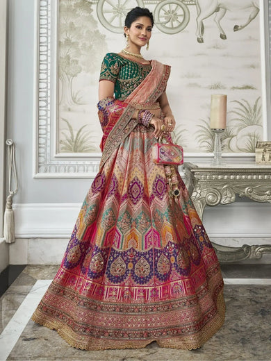 Pretty Multi Color Embroidered Silk Wedding Lehenga Choli With Dupatta - Ethnic Plus In