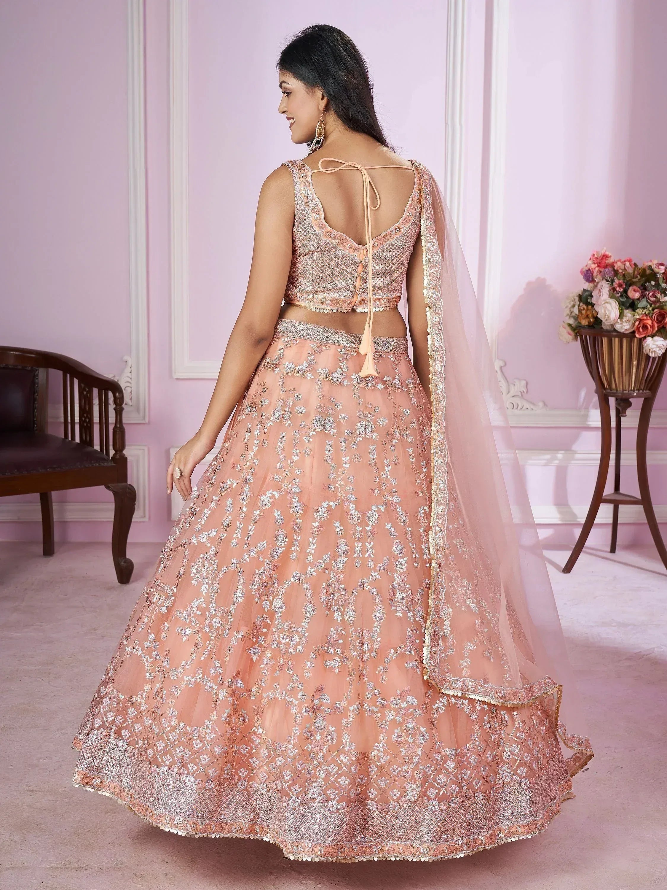 Pink embroidered lehenga choli with back tie blouse and sheer dupatta, Indian ethnic wear
