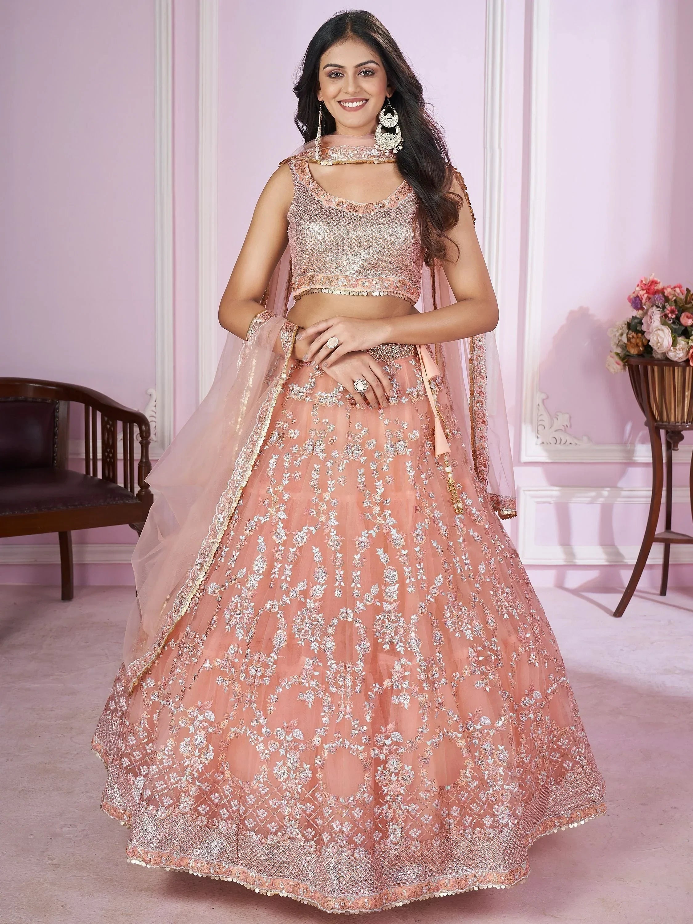 Pretty Peach Sequins Soft Net Engagement Wear Lehenga Choli - Ethnic Plus In