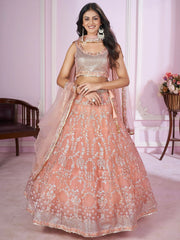 Pretty Peach Sequins Soft Net Engagement Wear Lehenga Choli - Ethnic Plus In