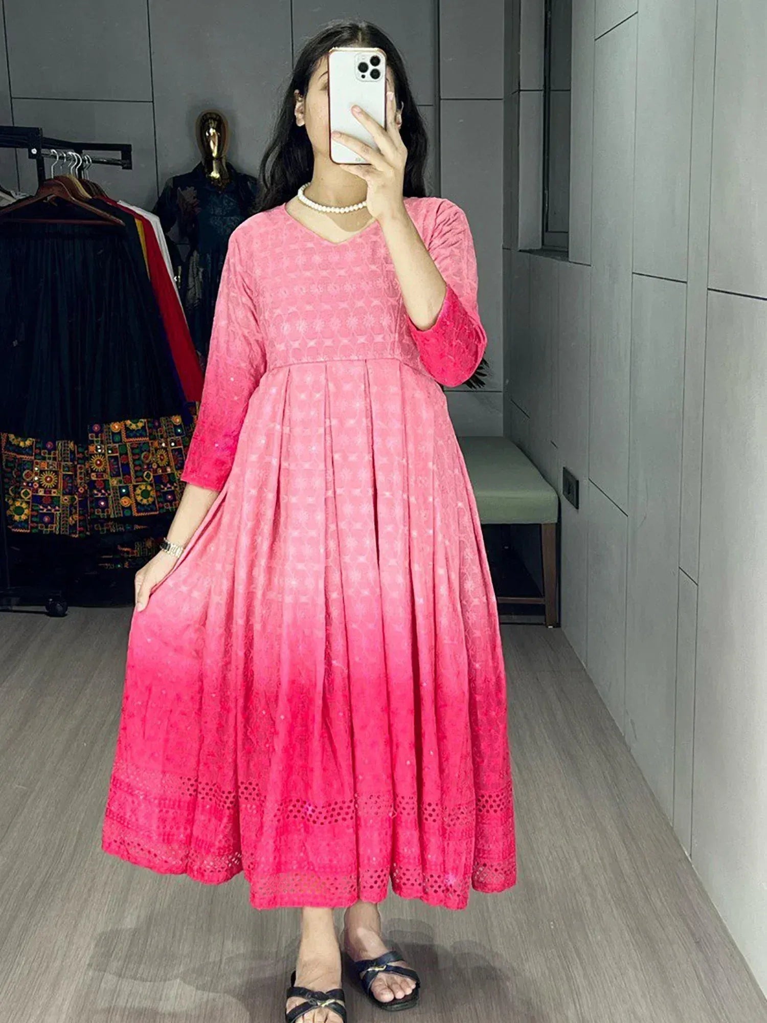Pink ombre ethnic gown with floral print and lace hem, perfect for Indian festive wear