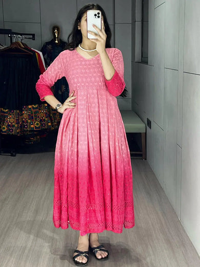 Pretty Pink Shaded Office Wear Chikankari Cotton Gown - Ethnic Plus In