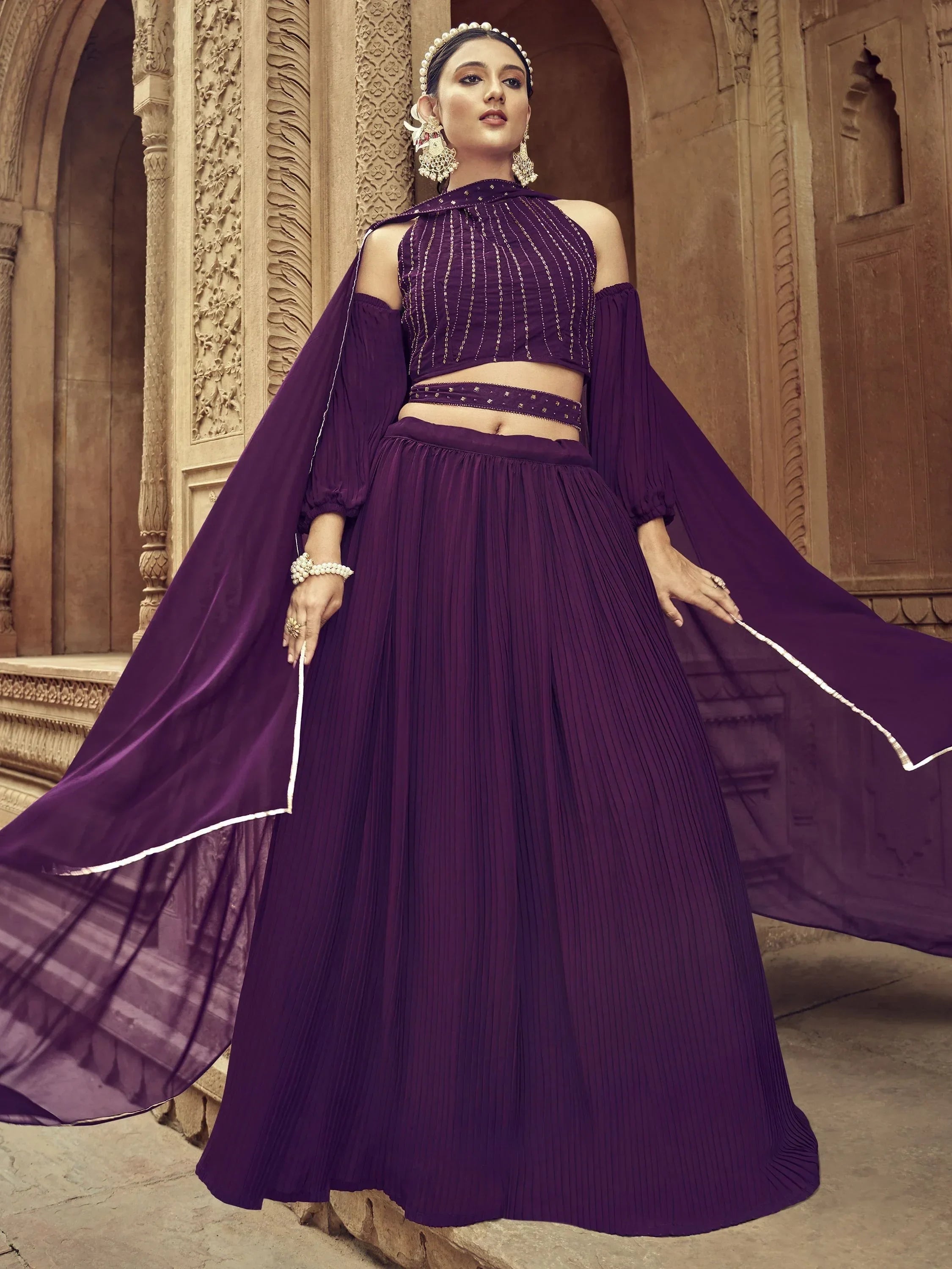 Purple designer lehenga choli with cape, perfect for Indian ethnic wear events