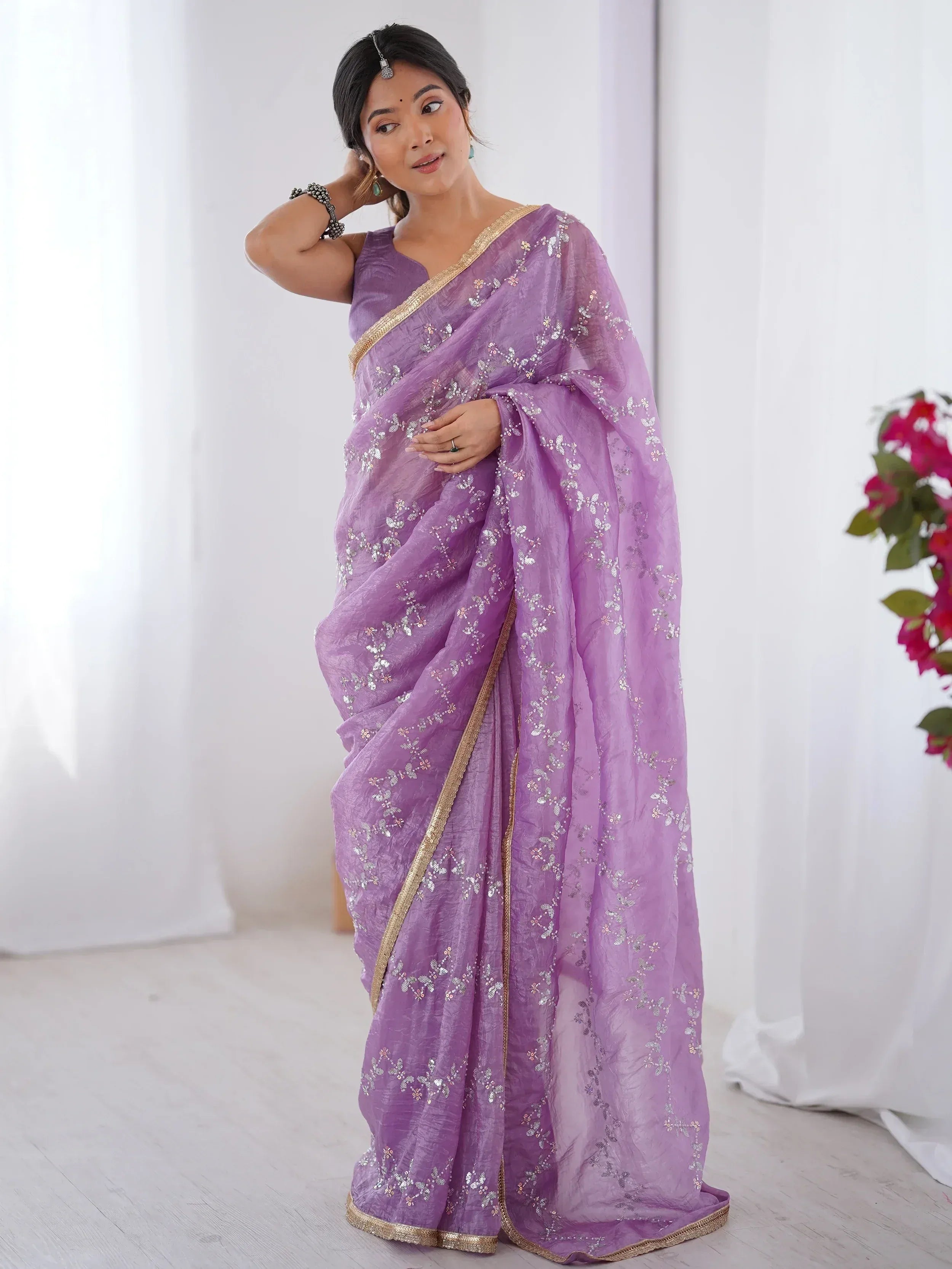 Purple floral embroidered saree with gold border, Indian ethnic wear for women