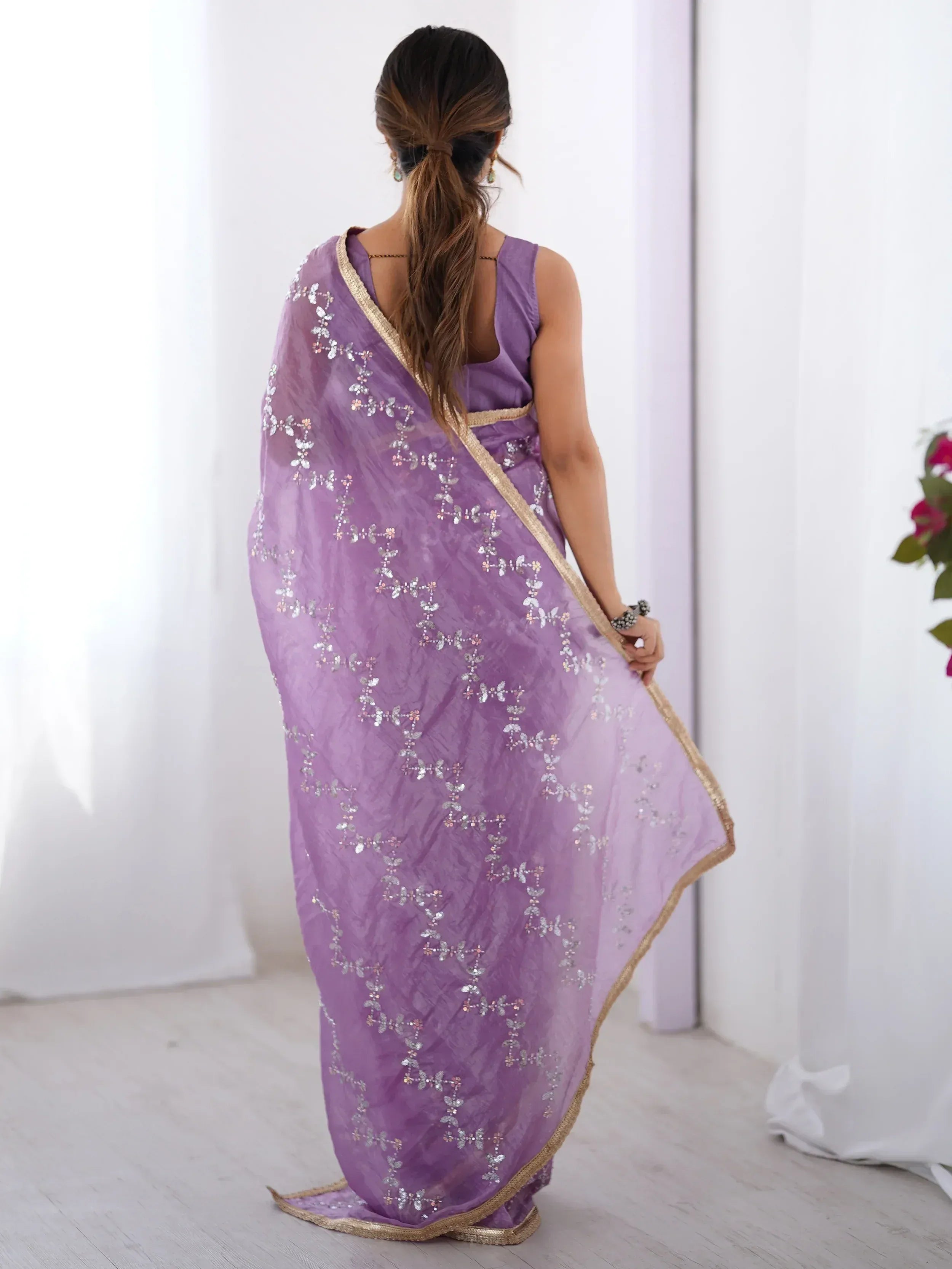 Purple embroidered saree with gold border, Indian ethnic wear for women