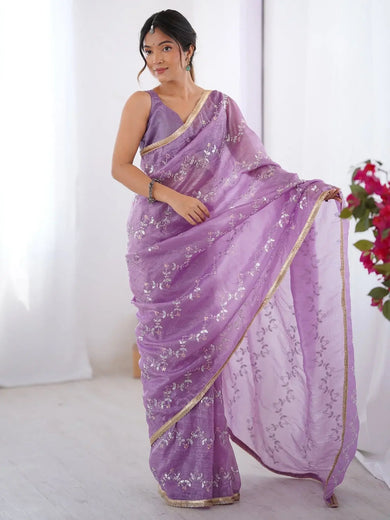 Pretty Purple Sequins Party Wear Saree With Blouse - Ethnic Plus In