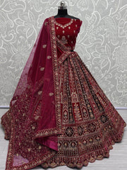 Pretty Red Jarkan Work Velvet Bridal Lehenga Choli With Double Dupatta - Ethnic Plus In