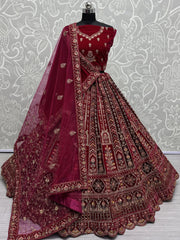 Pretty Red Jarkan Work Velvet Bridal Lehenga Choli With Double Dupatta - Ethnic Plus In
