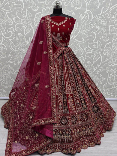 Pretty Red Jarkan Work Velvet Bridal Lehenga Choli With Double Dupatta - Ethnic Plus In