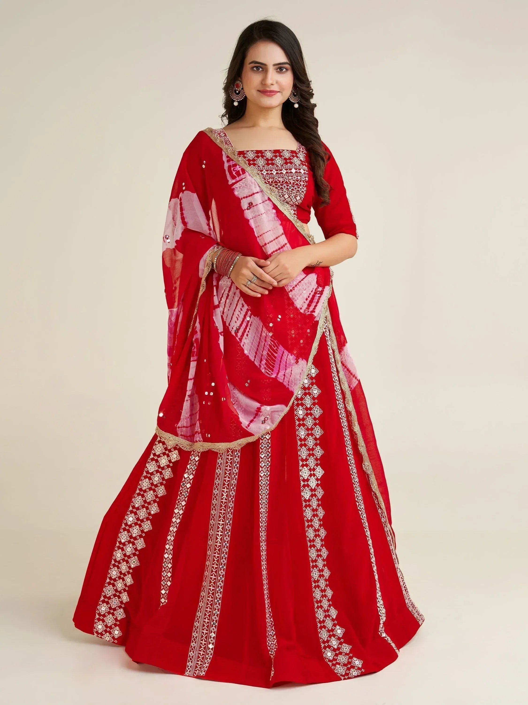 Red designer lehenga choli with white embroidery and tie-dye dupatta for Indian ethnic wear
