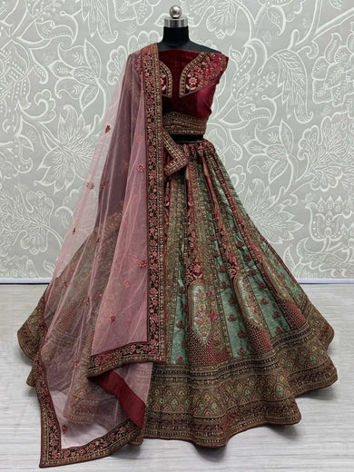 Pretty Sky - Blue Velvet Bridal Lehenga Choli With Double Dupatta - Ethnic Plus In