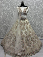 Pretty White Net Zari Work Engagement Wear Lehenga Choli With Dupatta - Ethnic Plus In