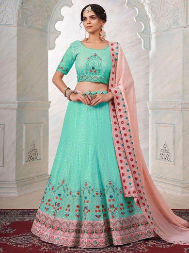 Pretty Turquoise Embroidered Georgette Wedding Wear Lehenga Choli
