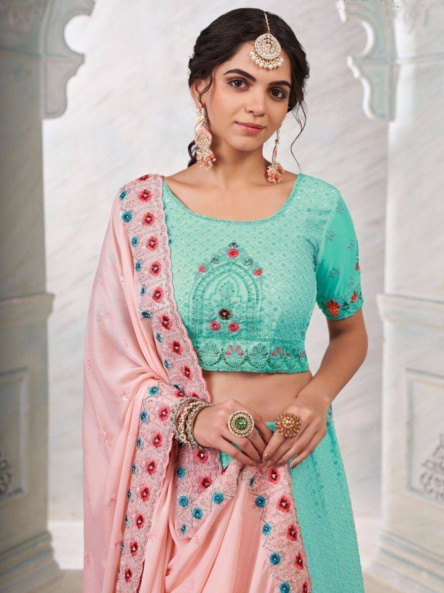 Mint green embroidered crop top with pink floral dupatta, Indian ethnic wear
