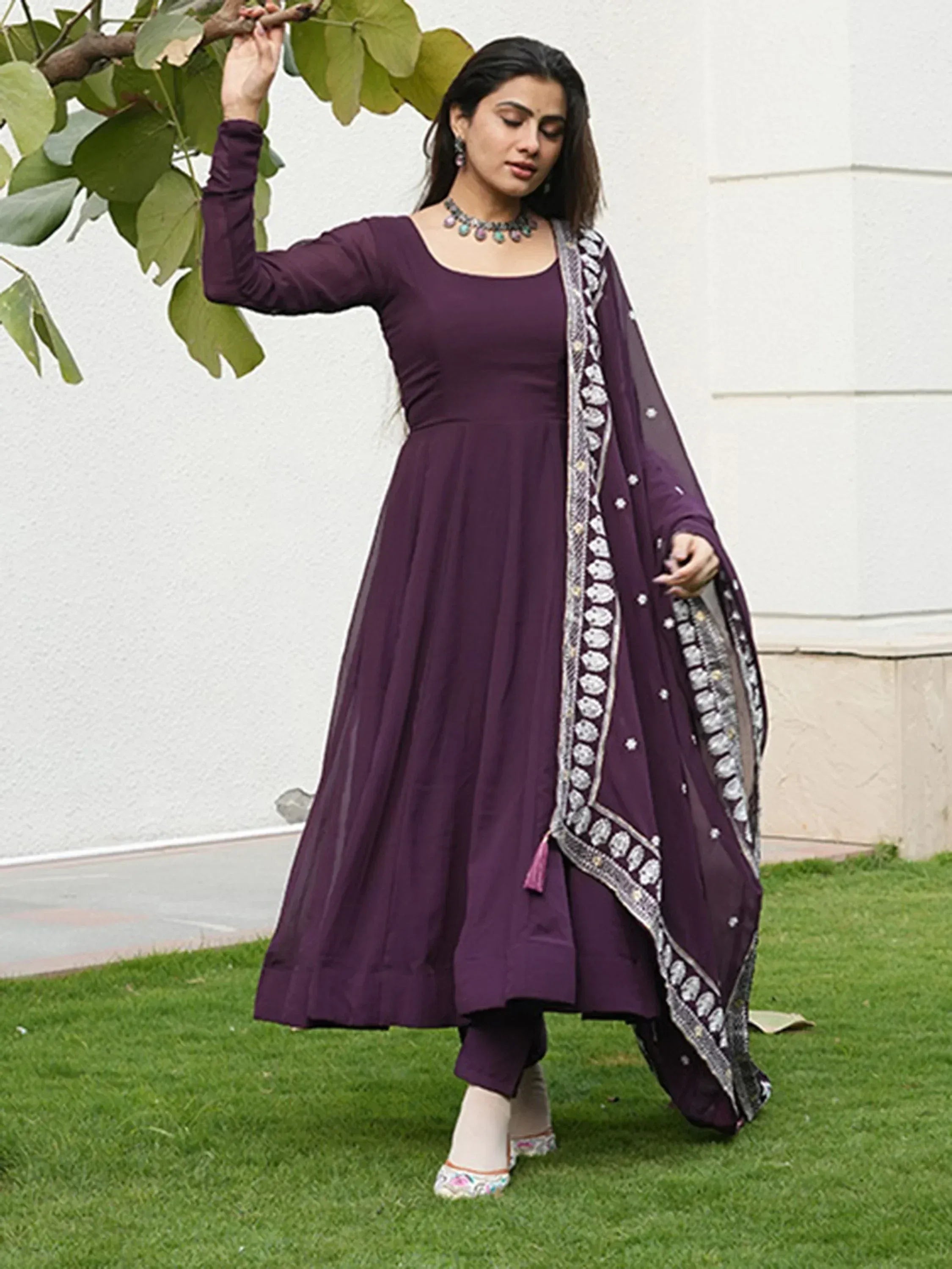 Purple ethnic anarkali suit with embroidered dupatta, perfect for Indian occasions and festive wear