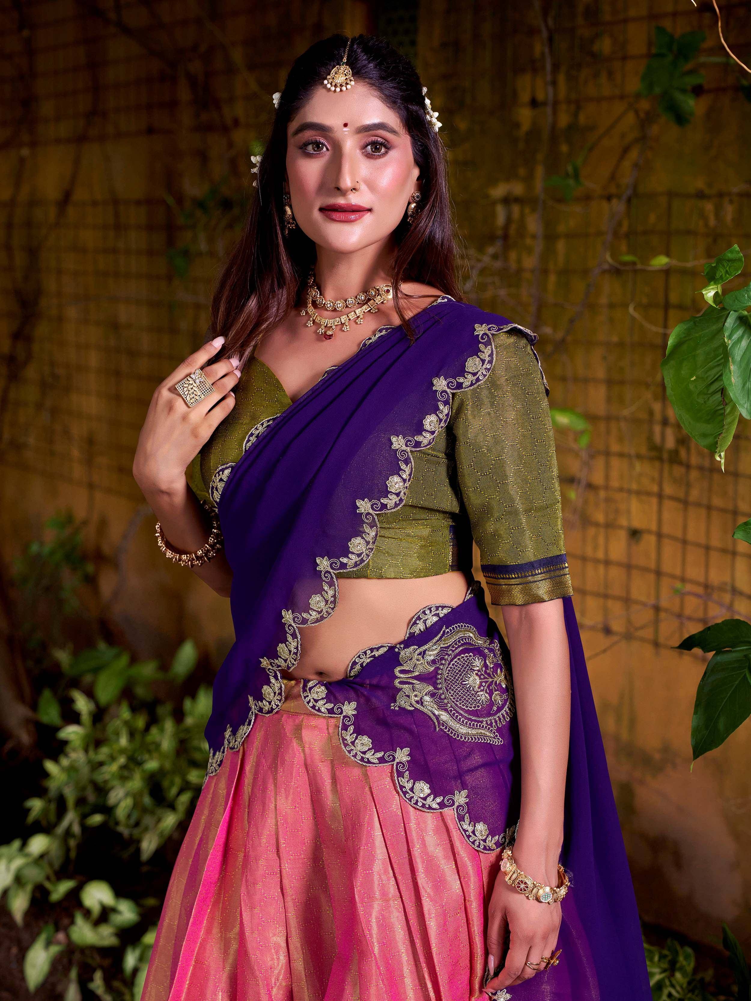 Purple and pink embroidered lehenga choli with green blouse, traditional Indian ethnic wear