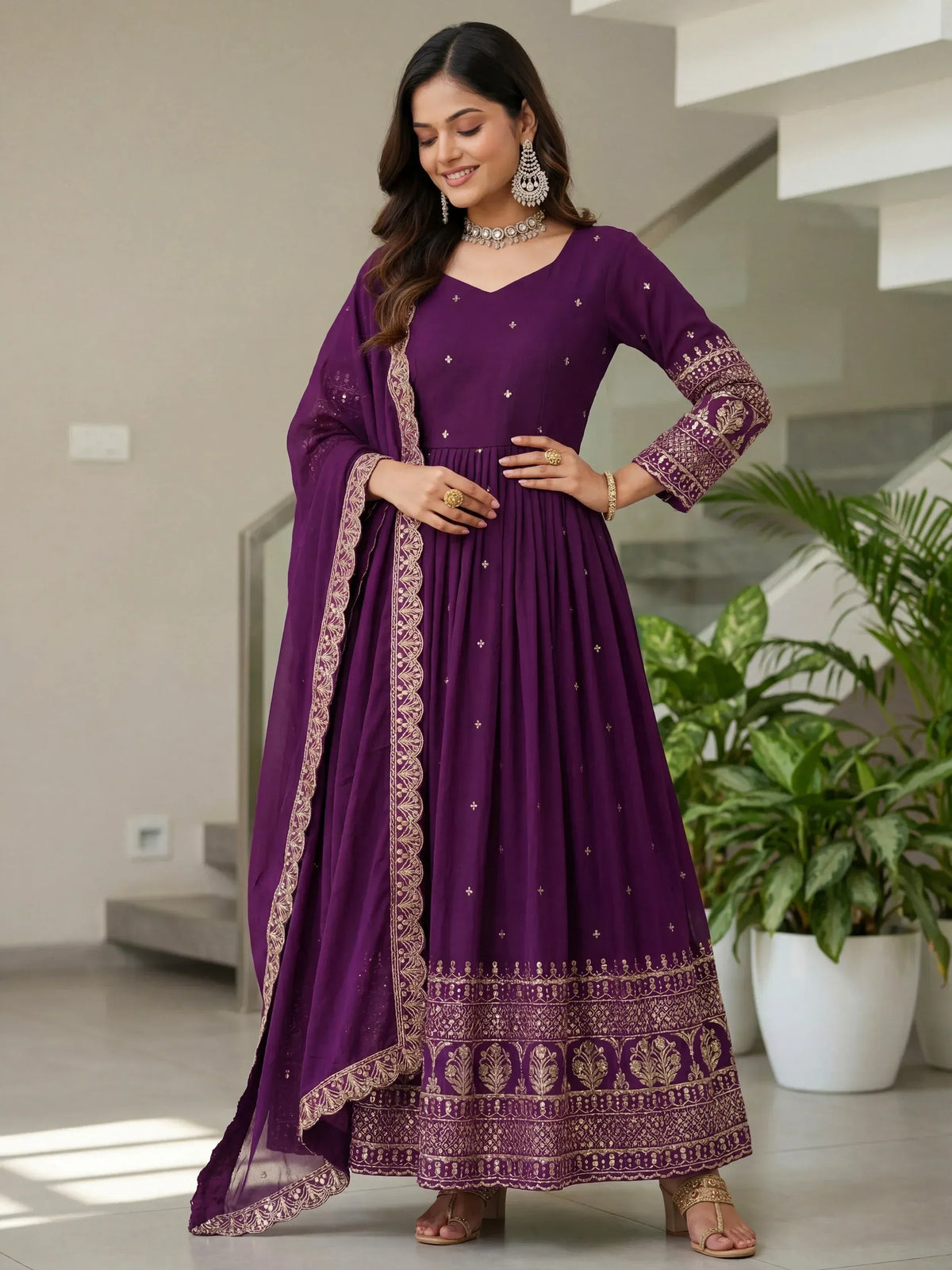 Elegant purple anarkali with gold embroidery and matching dupatta, perfect for Indian ethnic wear