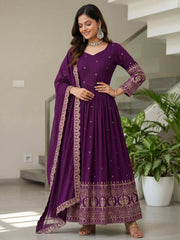 Glamorous Purple Sequins Silk Wedding Wear Gown With Dupatta