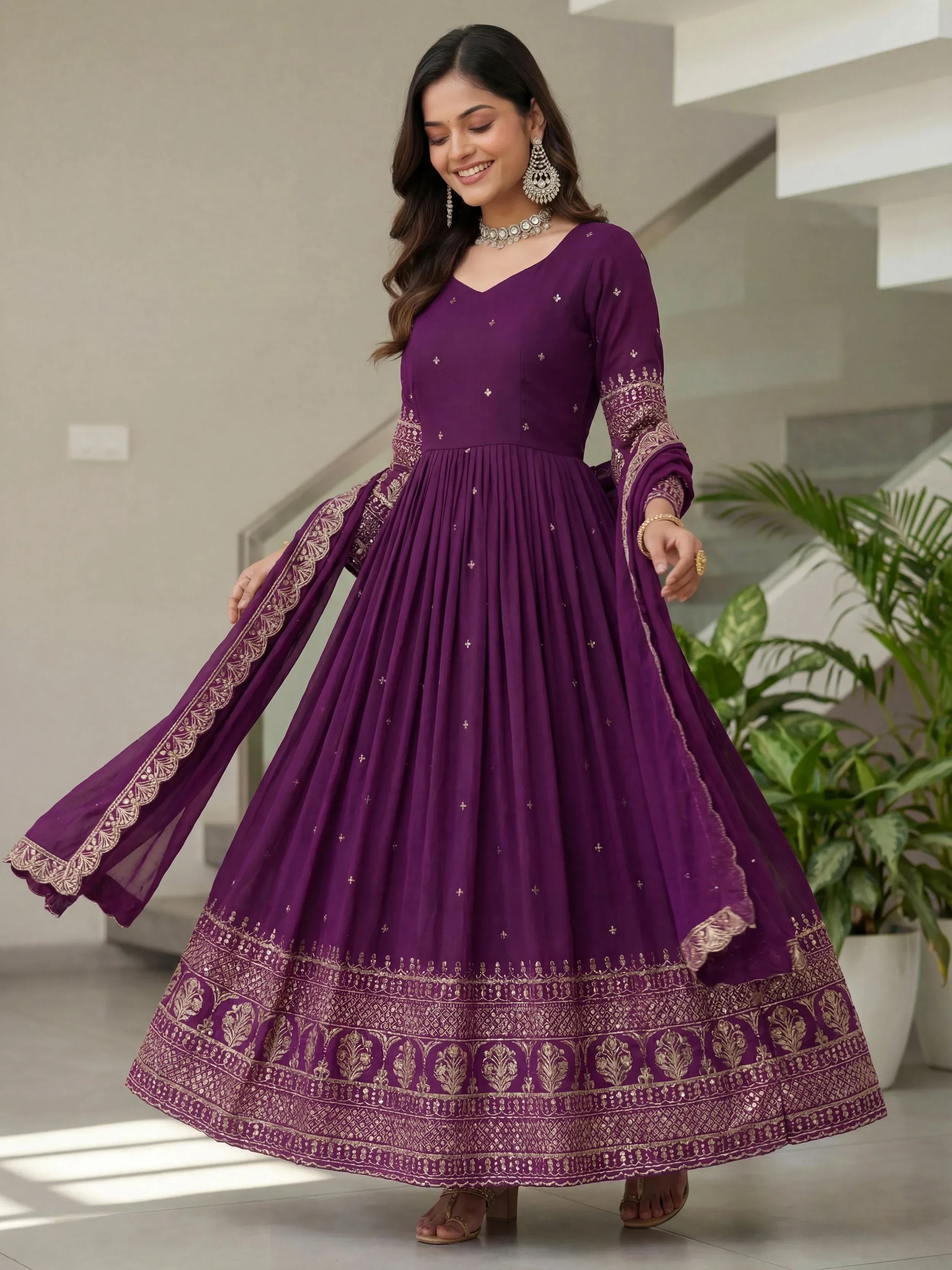 Glamorous Purple Sequins Silk Wedding Wear Gown With Dupatta
